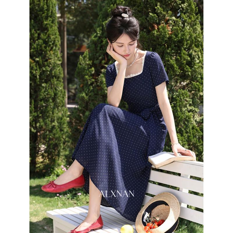 Elegant French Square Collar Polka Dot Midi Dress L