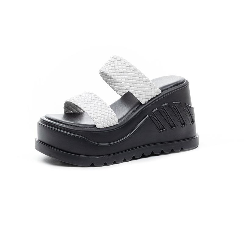 One-character Woven Cool Slippers Summer 2025 New Women's Thick-bottomed Wedge Heel Outer Wear Open-toed Slippers Trend