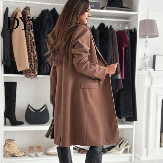 Women Jacket Woolen Turn-down Collar Solid Color Single-breasted Coat Mid Length Thermal Long Sleeved Commuting Dating Spring Fall Winter Overcoat