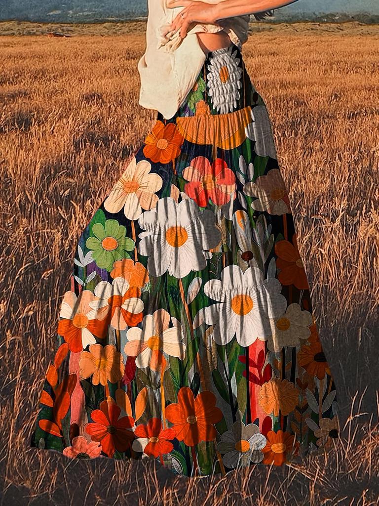 Europäischer & Amerikanischer Damen Blumen Bohemian Halber Rock mit Breitem Saum & Elastischem Bund