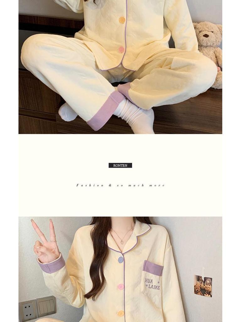 Set de pijama din bumbac aerat pentru femei: Cardigan cu mâneci lungi cu broderie - Casual și călduros pentru primăvară și toamnă