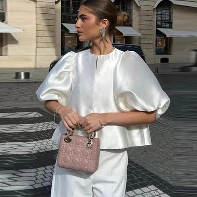 Satin Lantern Sleeve Shirt Women Elegant White Short  Ruffle Loose O-neck Female Shirts 2024 Spring Summer Fashion Lady Tops