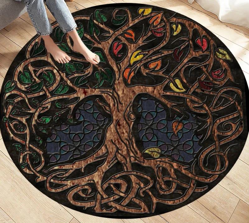 Viking Valknut Yggdrasil Tree of Life Area Rug Round Carpets Rugs for Living Room Bedroom Foot Pad Decoration Non-slip Floor Mat