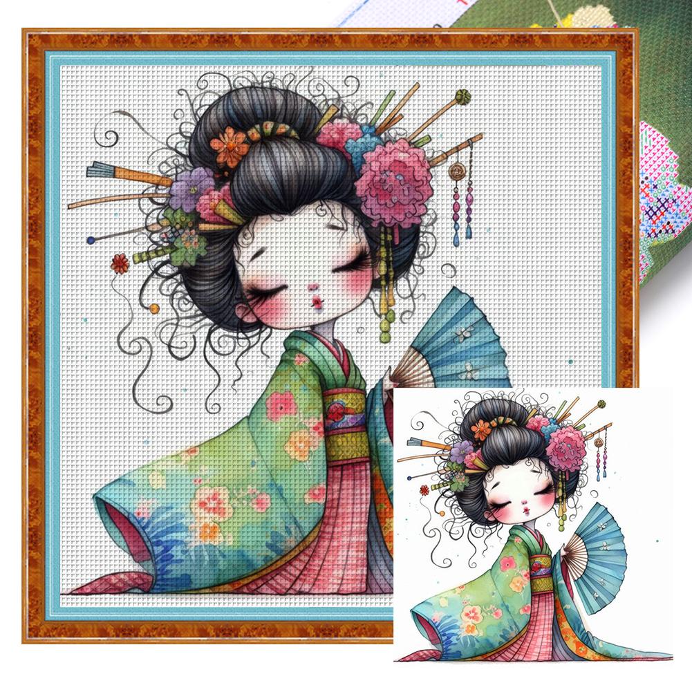

Full Embroidery Eco-cotton Thread 11CT Printed Geisha Cross Stitch Kit Art