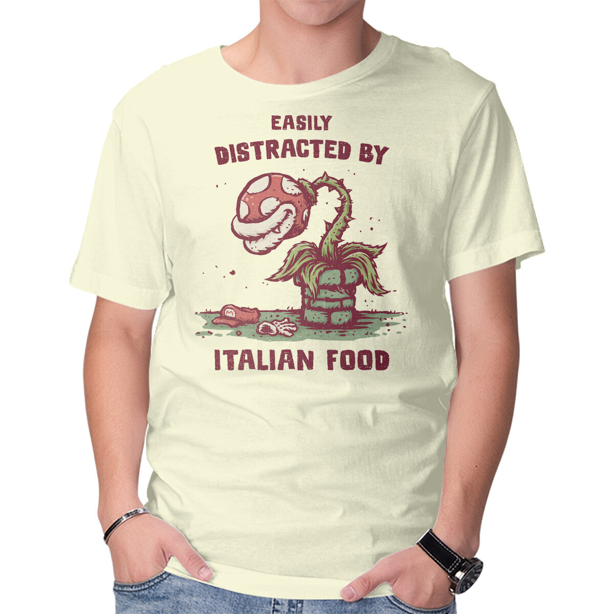 Unisex Crew Neck T-Shirt Easily Distracted By Italian Food Graphic Short Sleeve Casual Tee L