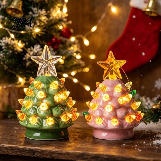 Mini Christmas Tree Decorations Ornament, Glowing Retro Resin Tabletop Decor with Star Charming Home Holiday Displays Topper, Vintage Xmas Trees Night