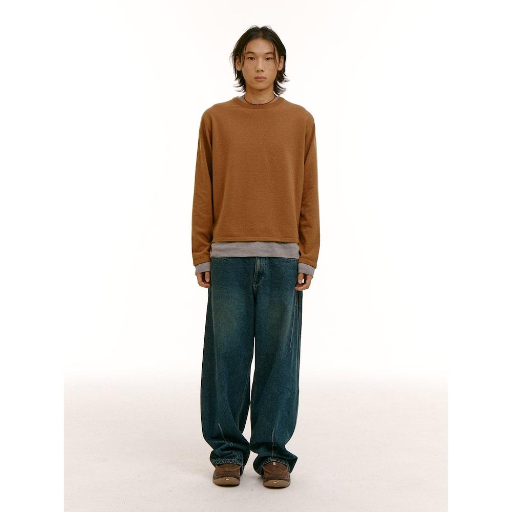 Saendeusaundeu (Unisex) Layered Wool Blend Sweater Yellowish Brown