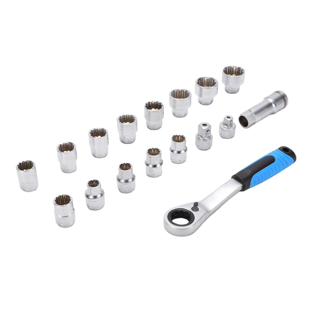 17Pcs Pass Through Socket Set 3 8in 1 2in Drive Metric Sockets with 2 in 1 72 Tooth Ratchet Cr V Steel