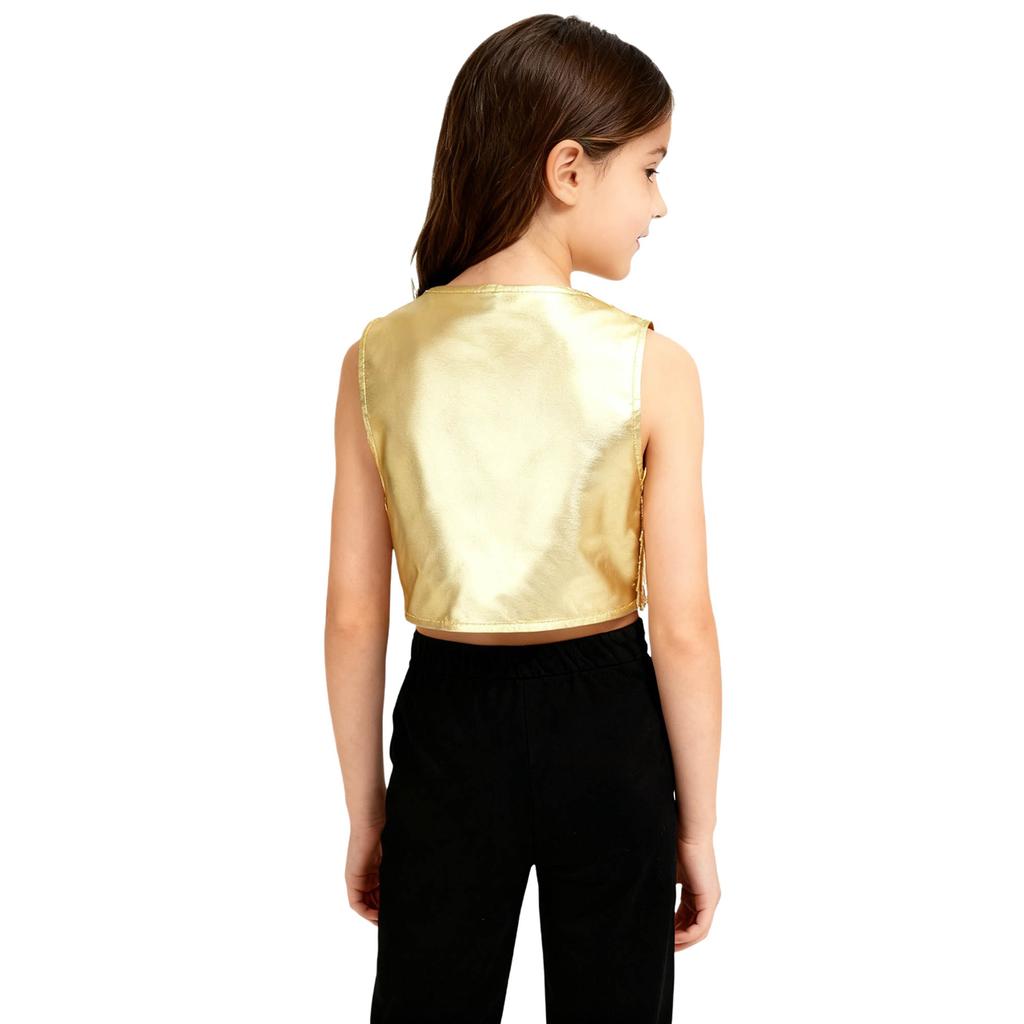 Costume da Bambina Anni '70 Disco Paillettes Lucide Girocollo Top Metallizzato Senza Maniche