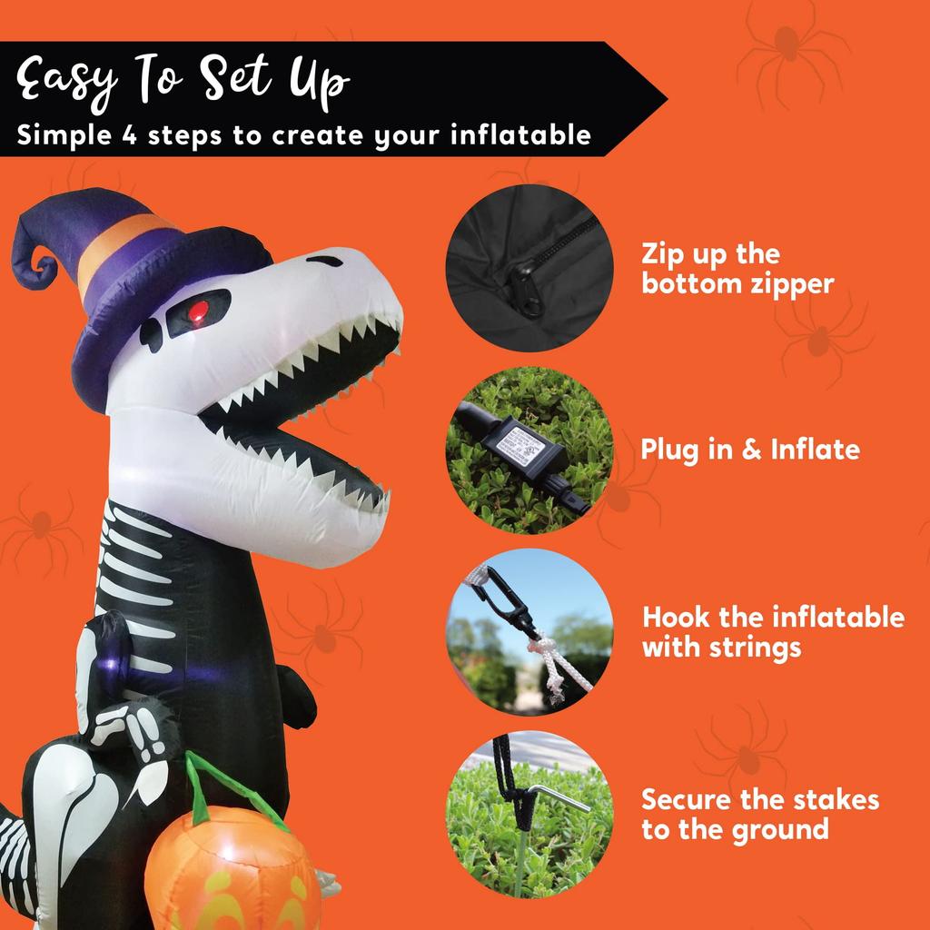 Joyfy 8 FT Halloween Inflatable Skeleton Dinosaur with Build-in LEDs Pumpkin for Halloween Outdoor Blow up Yard Decorations