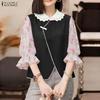 ZANZEA Women Lace Splice Doll Collar Casual Floral Print Half Sleeve Blouse