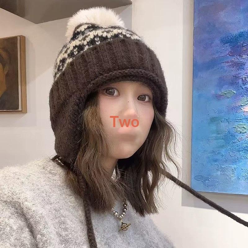 Fair Island Style Retro Jacquard Knitted Beanies Cap For Women Autumn Winter Warm Versatile Cute Pom-pom Ear Protection Hat