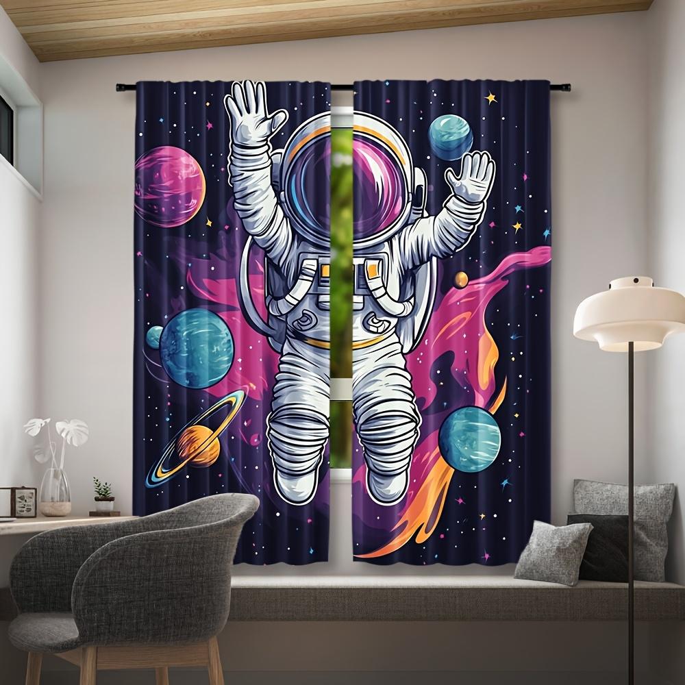 2pcs Astronaut Space Themed Curtains, Contemporary Semi-Sheer Polyester Drapes, Rod Pocket Hanging, Machine Washable, All-Season