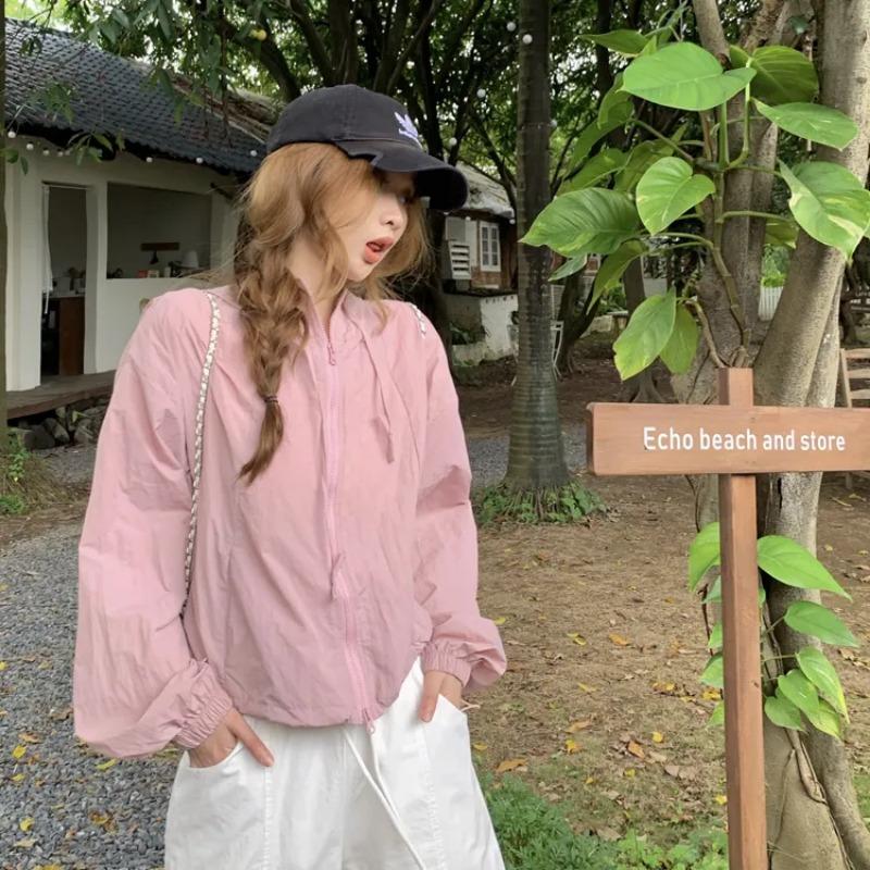 

Women s Hooded Sun Protection Jacket Lightweight Zip-Up Windbreaker L розовый