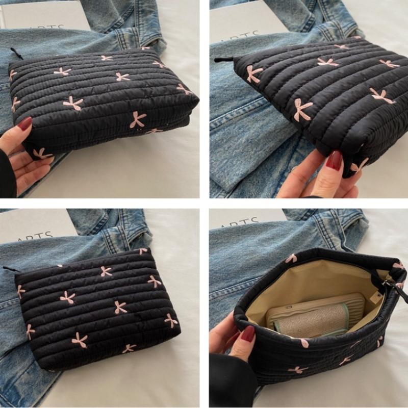 Cute Makeup Bag With Zipper Large Capacity Cosmetic Bag Embroidery Bow Wash Storage Bag For Women Toiletry Pouch