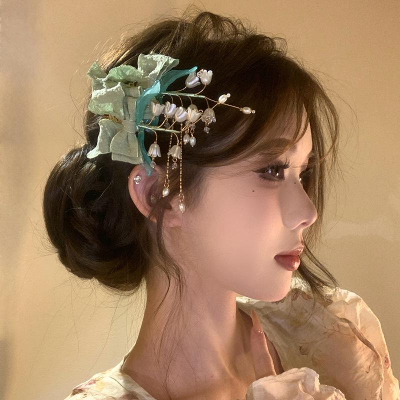 Acrylic pearl fabric bow hairpin side high sense fashion super fairy duck bill clip versatile hair accessories