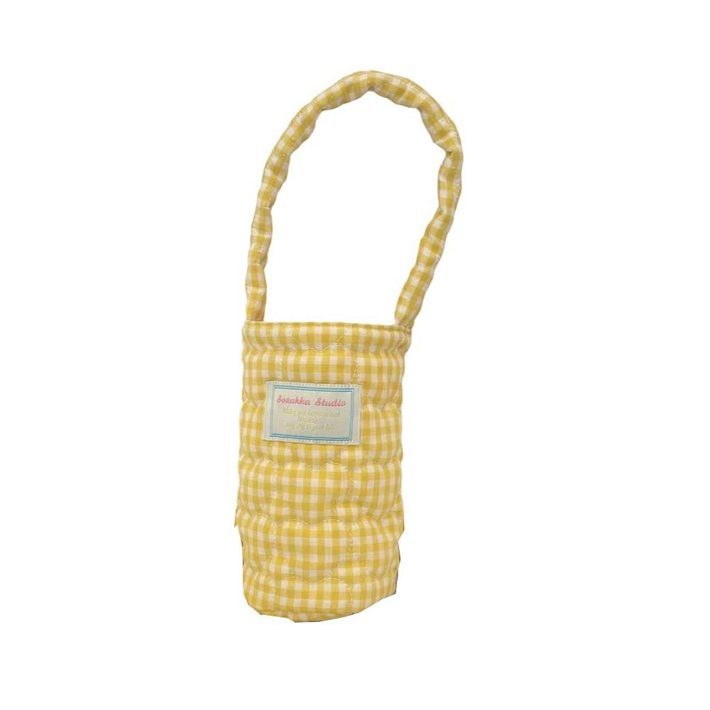 

Heart Embroidery Water Bottle Carrier Bag Plaid Design Thermos Cup Sleeve Lipstick жёлтый