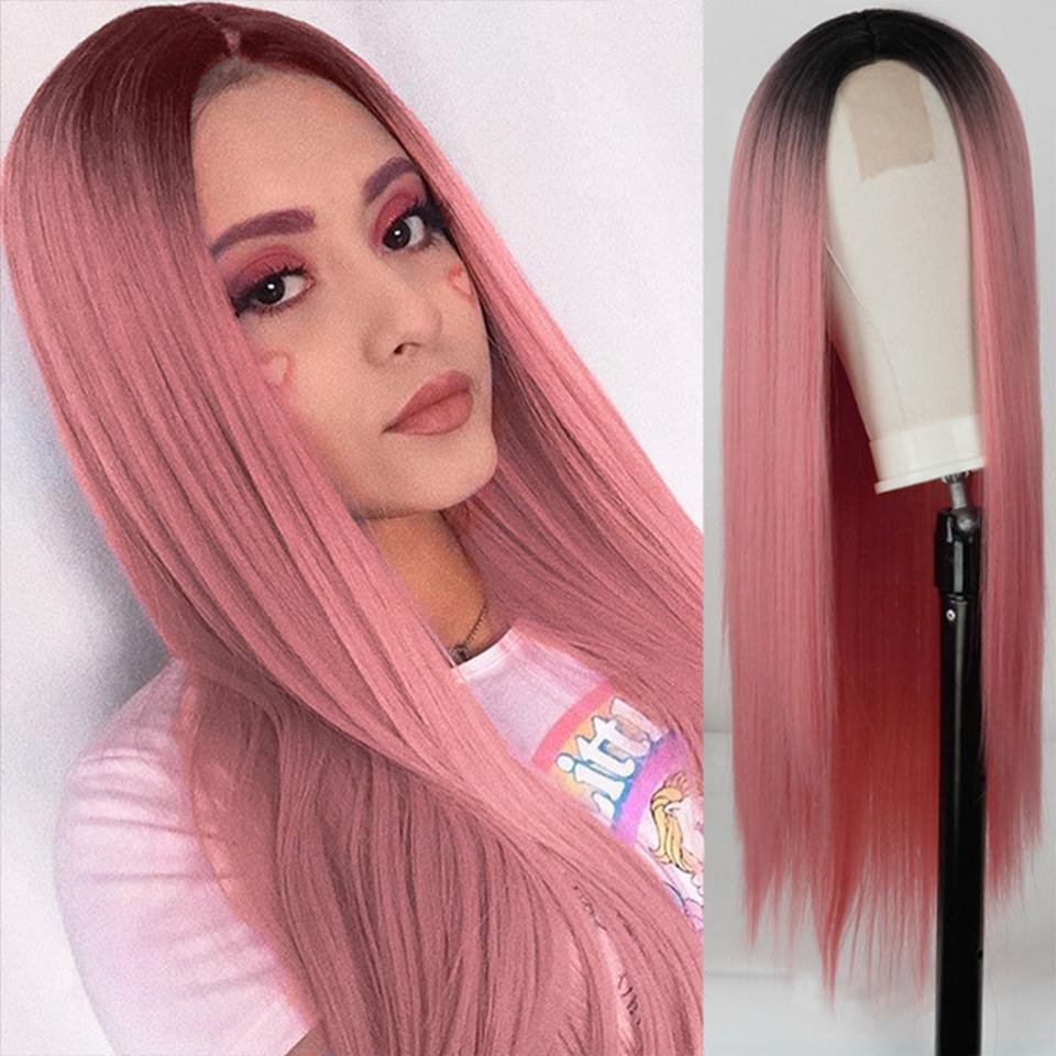 XINRAN Lange gerade weinrote Perücke mit Pony, synthetische Perücken für Frauen, hitzebeständiges Naturhaar für die tägliche Halloween-Cosplay-Party