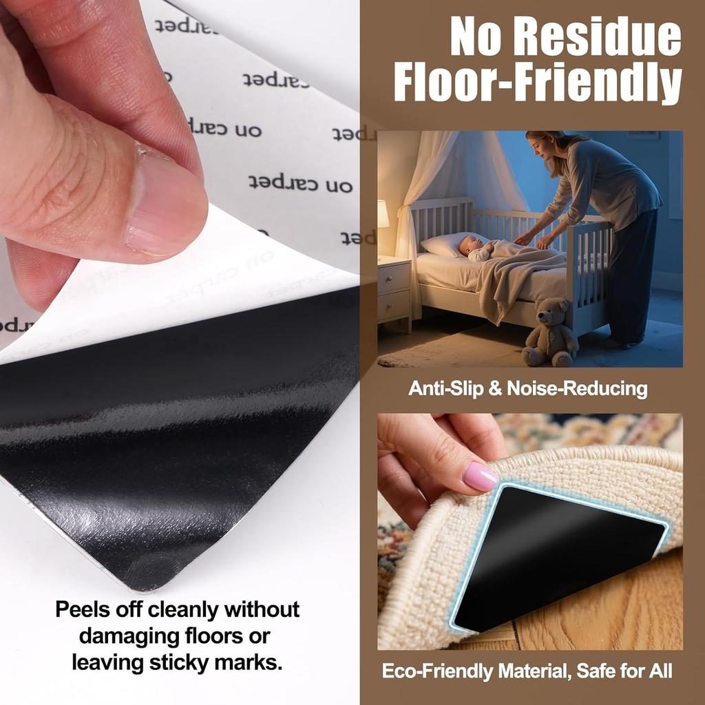 Premium Rug Grippers & Carpet Tape – 12PCS Square Anti-Slip Pads for Area Rugs, 3.9 Inch, Prevent Curling & Sliding, Ideal for Hardwood, Tile,