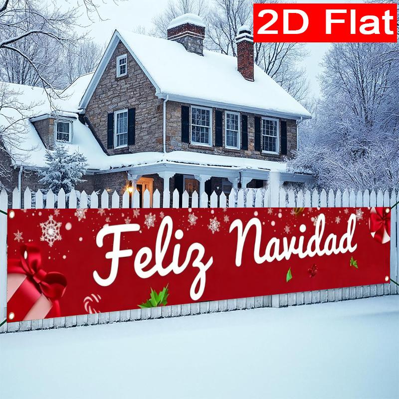 Feliz Navidad Xmas Holiday Banner, Durable Polyester Outdoor Yard Sign for Garden Fence