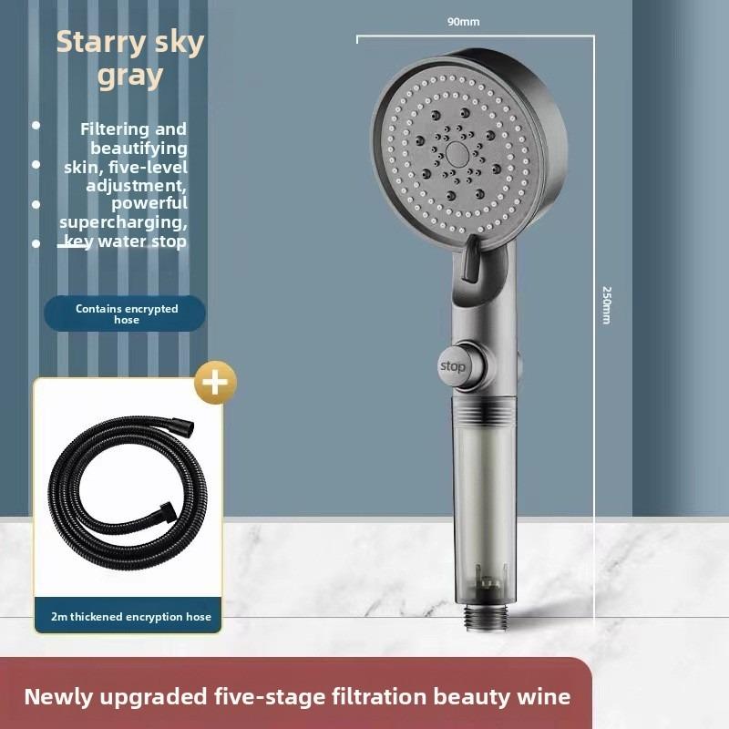 Black Five-speed Water-stop Multi-functional Bathroom Showerhead Set, Black Household, Large Water Output, Hot Water Pressurization