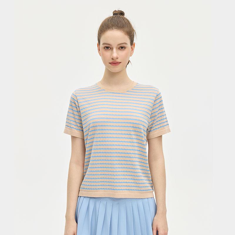 Striped Linen Modal Short-Sleeve Yoga T-Shirt - Breathable & Skin-Friendly Medium
