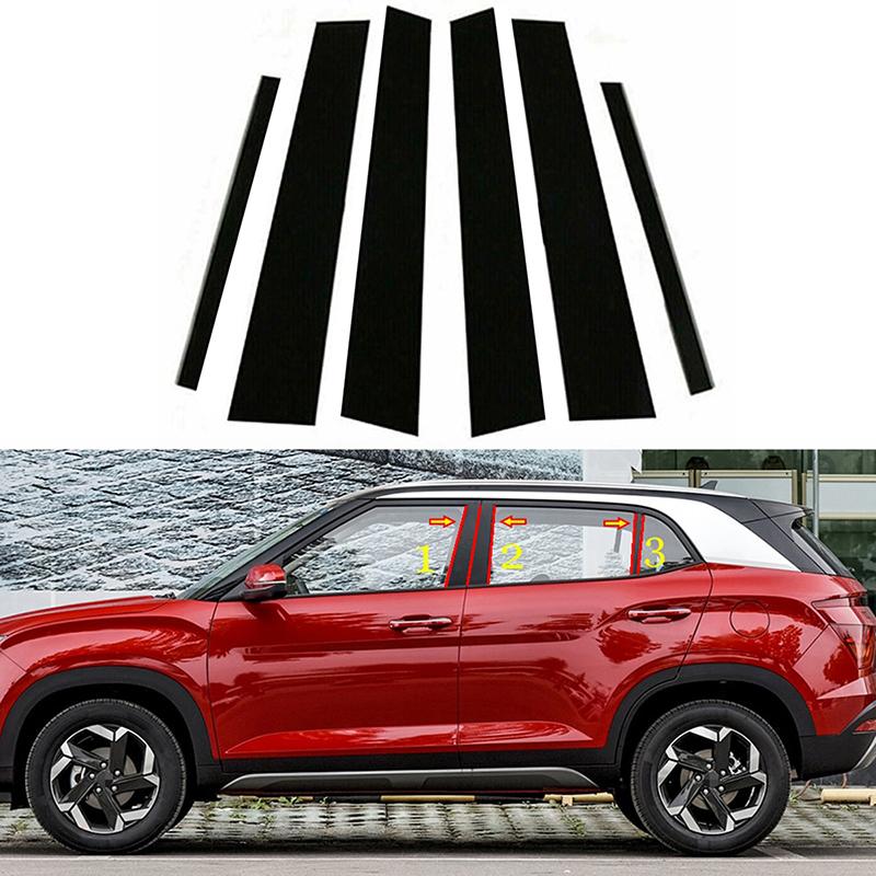 6Pcs Car Pillar Posts for Hyundai Creta Ix25 2020 2021 2022 2023 Glossy Black Door Window Trim Stickers Styling Accessories