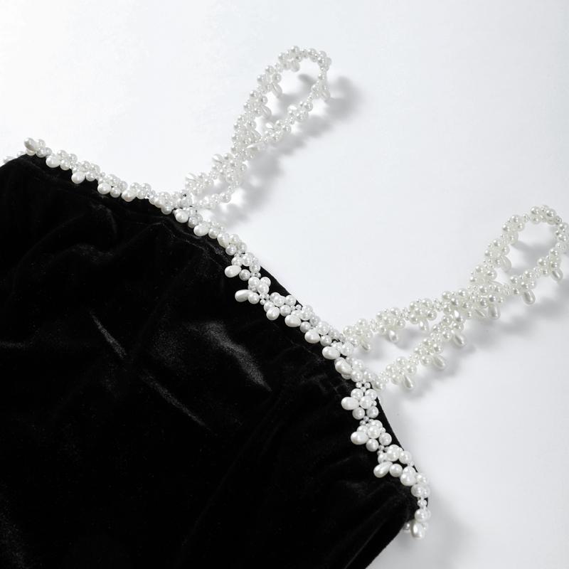 Černé sametové dámské minišaty s kamínkovou ozdobou Elegantní bez rukávů s vysokým pasem Áčkového střihu Šaty na ramínka Dámské večerní společenské šaty Župany