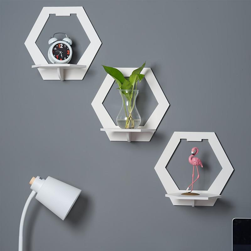 3pcs Punch-Free Hexagon Wall Shelf, Wall-Mounted Flower Pot Holder & TV Background Hanging Organizer for Home Bedroom Living Ro