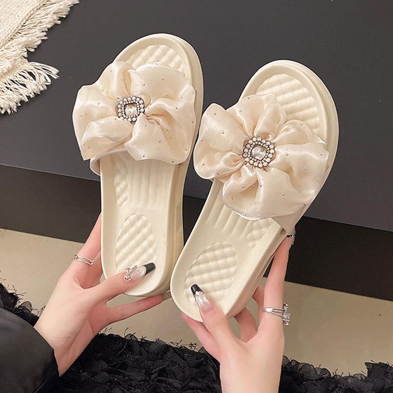High-end Bow Cool Slippers Women Wear Summer Internet Celebrity Fashion Muffin Heel Thick-soled Heightening Non-slip Beach Shoes