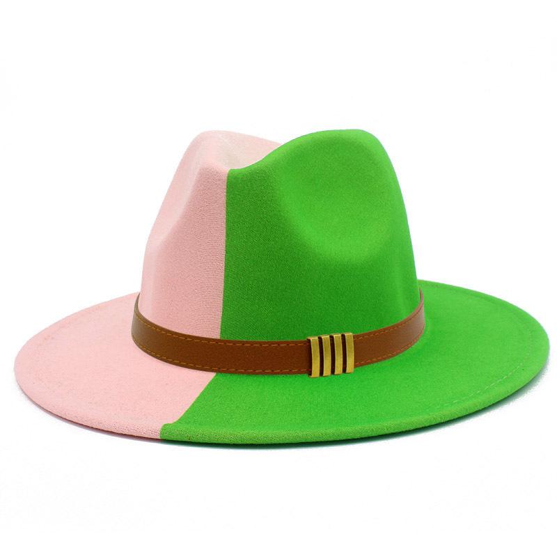 French Retro Double-color Woolen Top Hat Simple Belt Buckle Hepburn Style Wide-brimmed Cowboy Hat British Style Jazz Hat