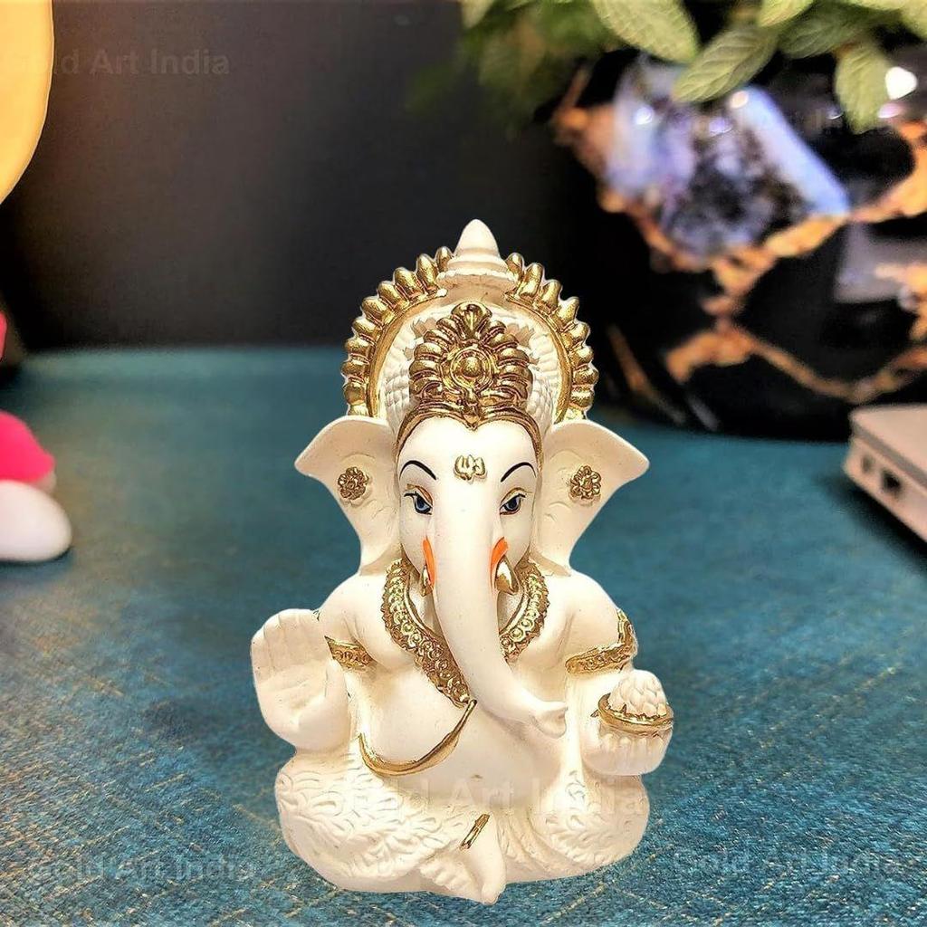 Peach Terracotta Colour Golden Paint Work Vinayaka Idol Car Dashboard Idol Ganesha Murti Ganpati Idol for Home Decor