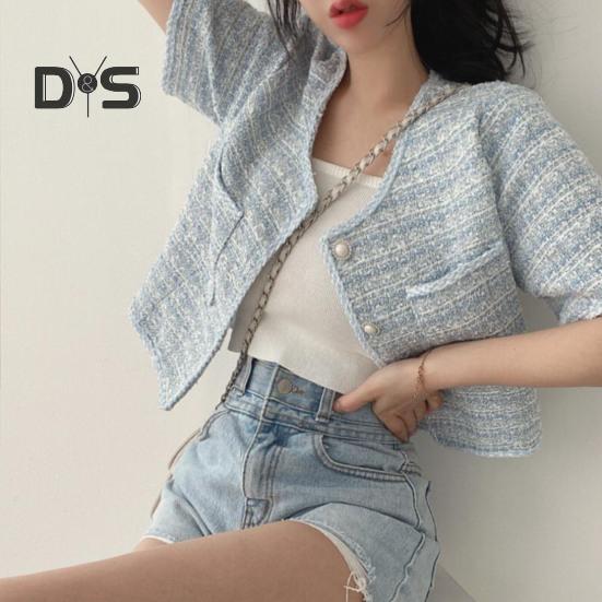 Women Coat Blazer French Style Elegant Short Sleeve Short Type Single Breasted Color Matching Spring Fall Jacket