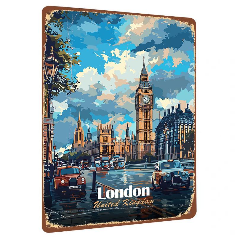 London Big Ben Bus Taxi Landmark Metal Wall Art Decorative Painting for Home Office