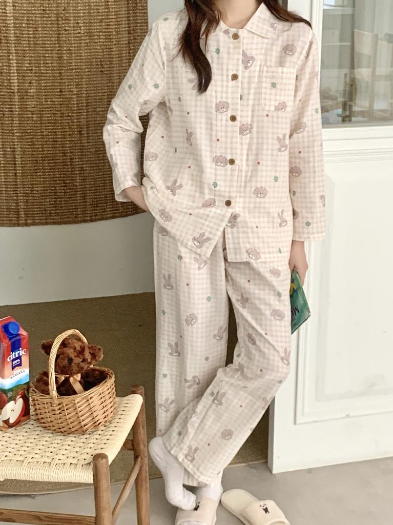 1011 New Cotton Double-layer Yarn Cute and Sweet Pajamas Cartoon Long-sleeved Trousers Soft Skin-friendly Loungewear Set
