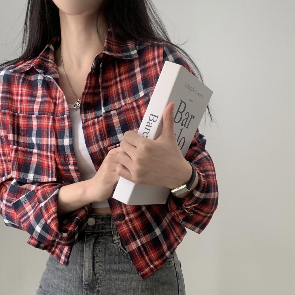 Korean Chic Autumn Short Long Sleeved Checkered Shirt for Women