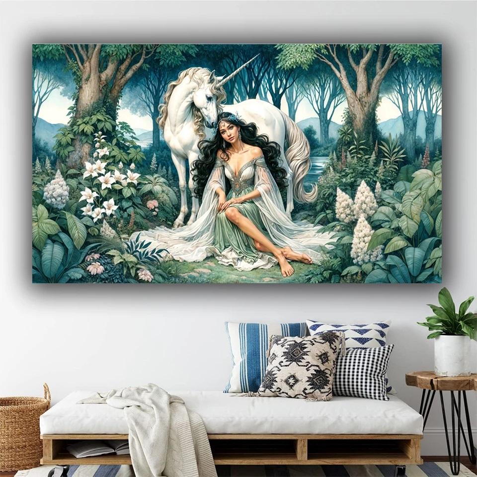 

Зачарованная Гармония в Волшебном Лесу DIY Полная Алмазная Живопись Тигр Единорог Красота Женщина Алмазная Мозаика Ювелирные Изделия Вышивка Крестом Full Round 50x100CM