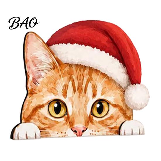 Desktop Cat Figurine Cute Shelf Sitter, Wooden Christmas Hat Peeking Desk Figurine, Funny Animal Small Statue Sign, Lover Gift for Holiday Home Office