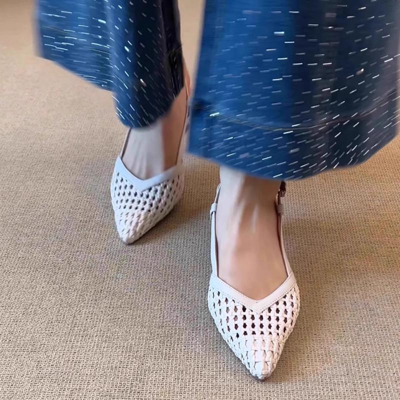 French Square-toed Woven High-heeled Sandals 2025 Summer Shoes Skeletonized Fashionable Leather Fabric Mid-heel Women Sandals