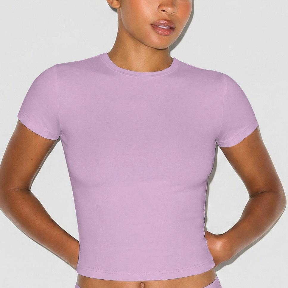 Cross-border new sports and leisure short-sleeved suit, European and American Spice Girls slim-fit elastic tight round neck front shoulder T-shirt top