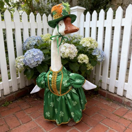 St. Patrick's Day Goose Outfit Irish Shamrock Porch Goose Clothes Fits 23" Cement Plastic Goose Statue for Outdoor Patio Lawn Yard Garden Decoration