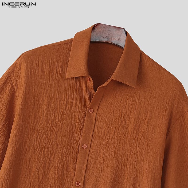 INCERUN Oversized Men Lapel Neck Short Sleeve Cropped Casual Loose Shirts