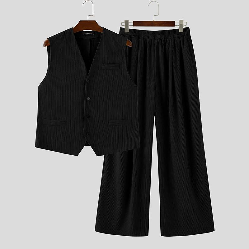 

INCERUN Осенние мужские вельветовые безрукавки и комплекты с длинными брюками XL чёрный