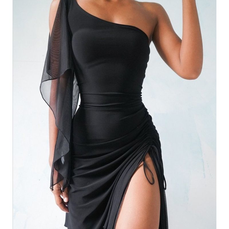 

off-Shoulder European and American Mesh Sleeves Slit Skirt Black S