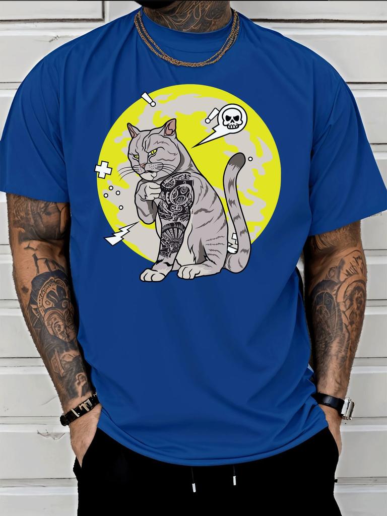 Tattooed Tough Cat Yellow Circle Skull Bubble Unisexs Tee Punk Animal Print Cotton Short Sleeve Loose Street Casual Daily Male Tops