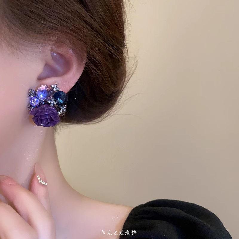 "Charm Purple Flower Dew" Purple Flower Earrings Women's Premium Sense Japanese and Korean Beautiful Stud Earrings Charm Unique Sexy Earrings