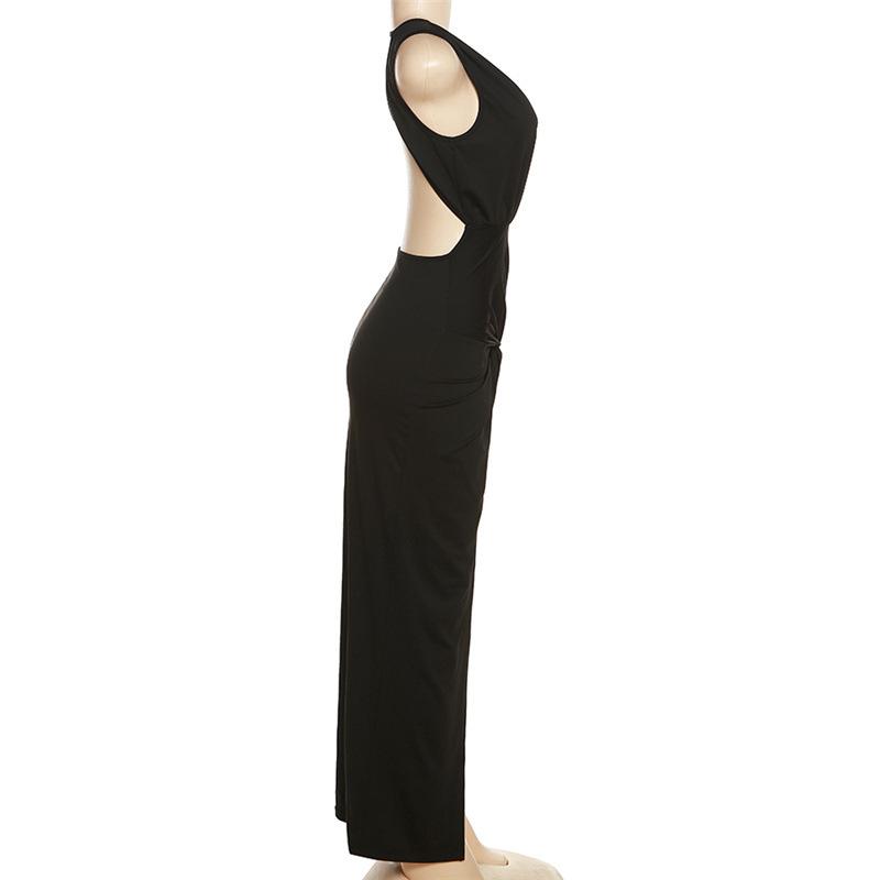 Abito lungo da donna elegante estivo senza maniche sexy con scollo a V profondo e spacco increspato