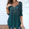 Women's Henley V Neck Long Sleeve Loose Fit Gradient Paisley Print Pleated Front Casual Tunic Top Tee