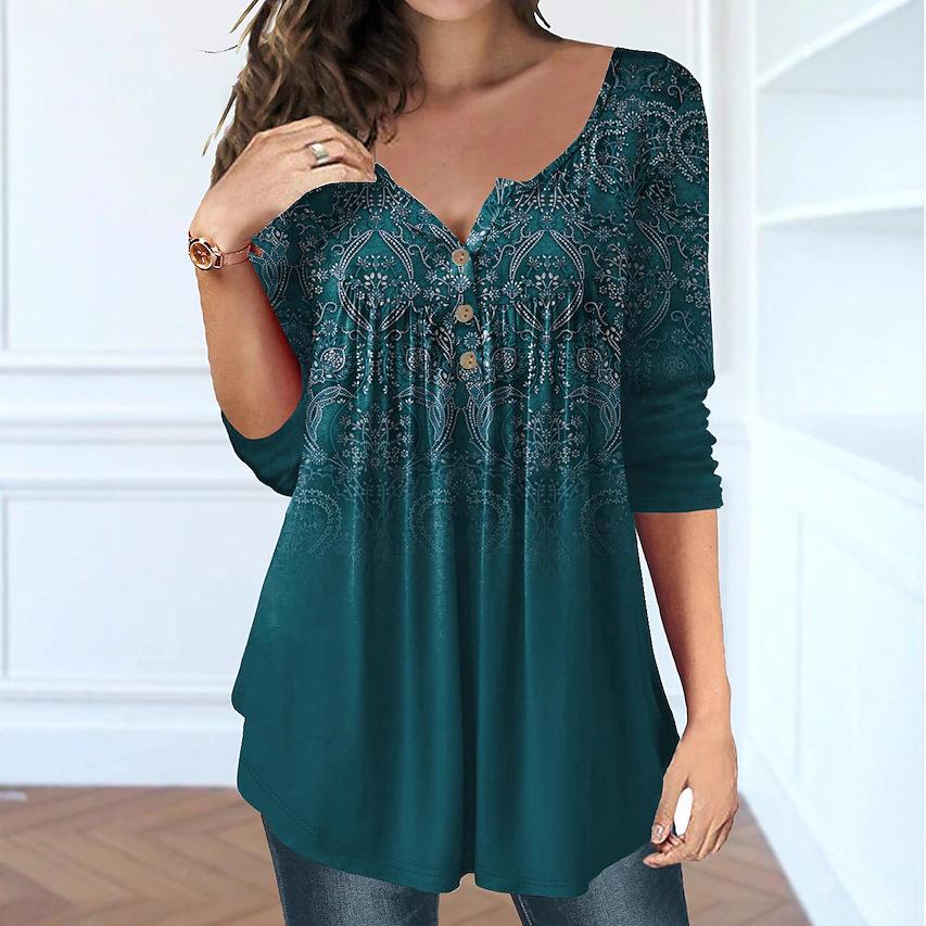 Women's Henley V Neck Long Sleeve Loose Fit Gradient Paisley Print Pleated Front Casual Tunic Top Tee
