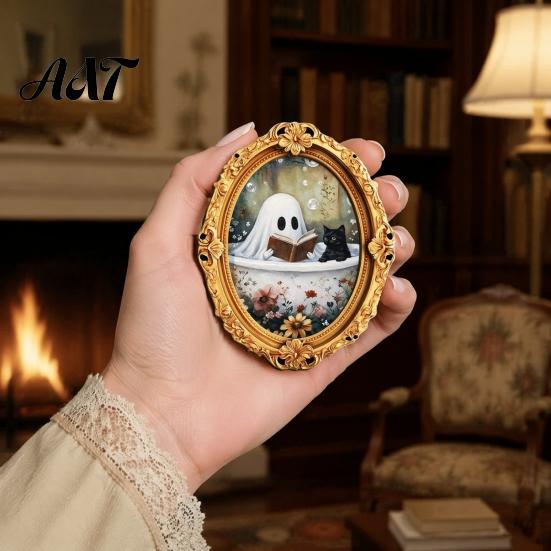 Retro Style Halloween Magnets Vintage Ghost Fridge Magnet, Gold Frame Refrigerator Decoration Holiday Magnet Set with Strong Magnetic Adsorption